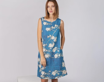 Hokusai Linen Dress, Bullfinch and Cherry Blossom Print, Blue Stonewashed Linen