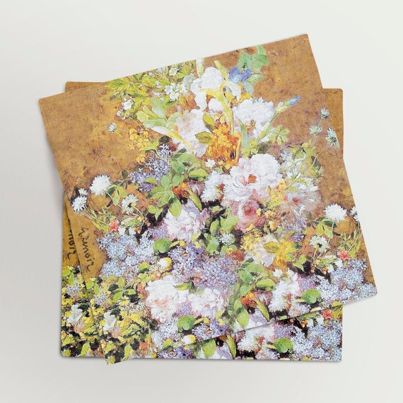 Napkins set, Spring Bouquet, Pierre-Auguste Renoir, linen napkins, vintage flower print napkins, napkins wholesale, lunch napkins