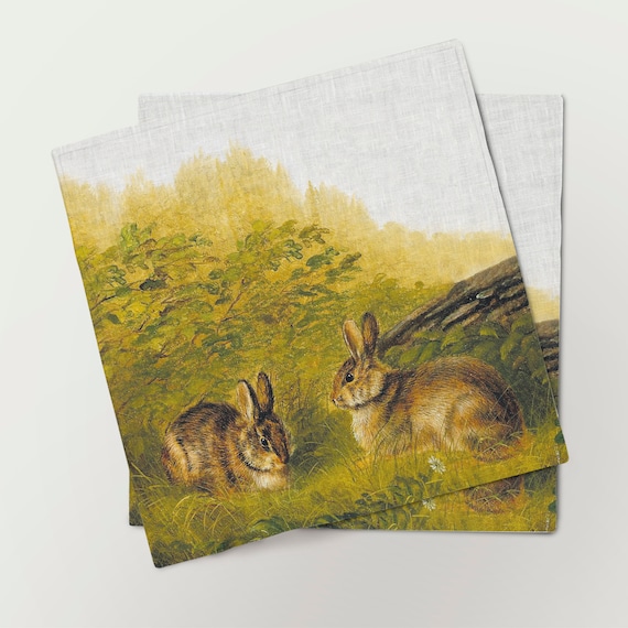 Napkins set, Arthur Fitzwilliam Tait, Rabbits on a Log, 1897, Easter napkins, linen napkins, rabbits napkins, rabbits vintage