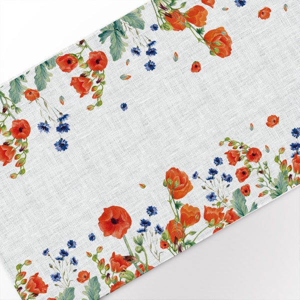 Chemin de table, coquelicots et bleuets, dessus de table en lin, chemin de table d'été, cadeau de pendaison de crémaillère, 100 % lin, chemin de table de longueur personnalisée