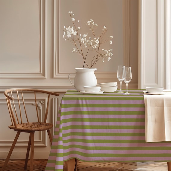Linen Tablecloth, Tuscan Garden, 100% European Linen, Olive Green & Lavender Purple, Striped Design, Handmade