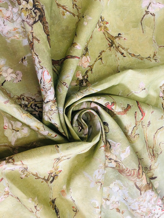 Apple Green, Vincent van Gogh, Almond Blossom, Linen fabric, Fabric by yard, fabric by meters, 100% linen, wholesale, crafting fabric