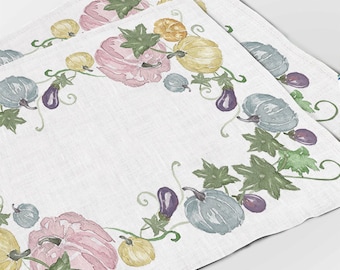 Linen Placemat Set, Watercolor Pumpkin Print, Autumn Table Decor