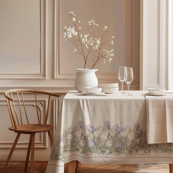 Linen Tablecloth, Crocuses In Bloom, Spring Table Decor, 100% Linen