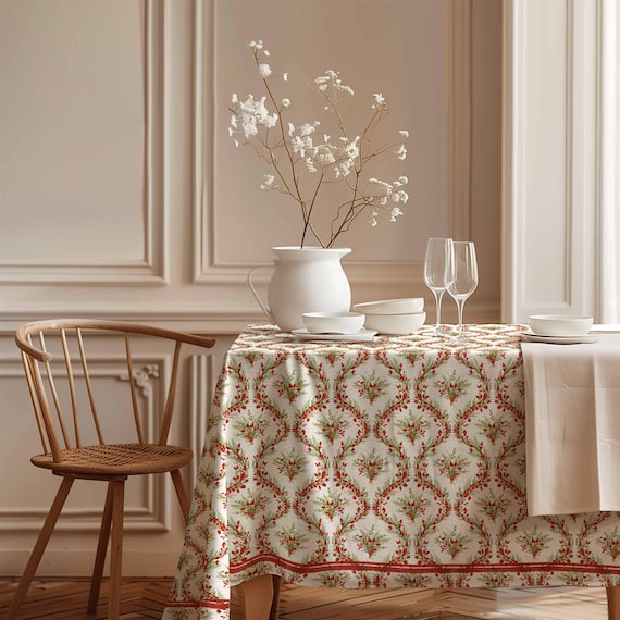 Tablecloth, Winter Berry Garland, linen tablecloth, 100% linen