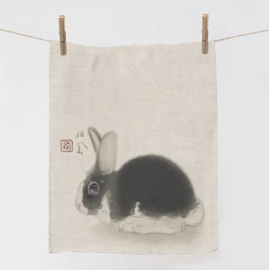 Linen Tea Towel, Black Rabbit Print, Takeuchi Seihō Artwork, Handmade in Lithuania