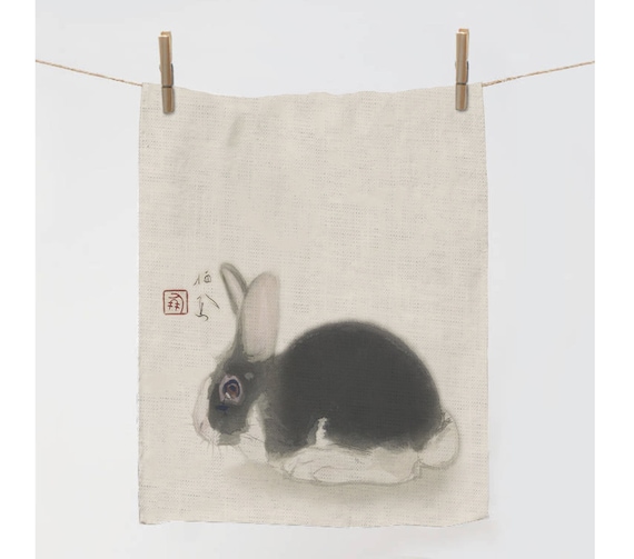 Linen Towel, Rabbit, 1890-1900, Takeuchi Seihō, Black rabbit, Tea towel, rabbit towel, black rabbit year