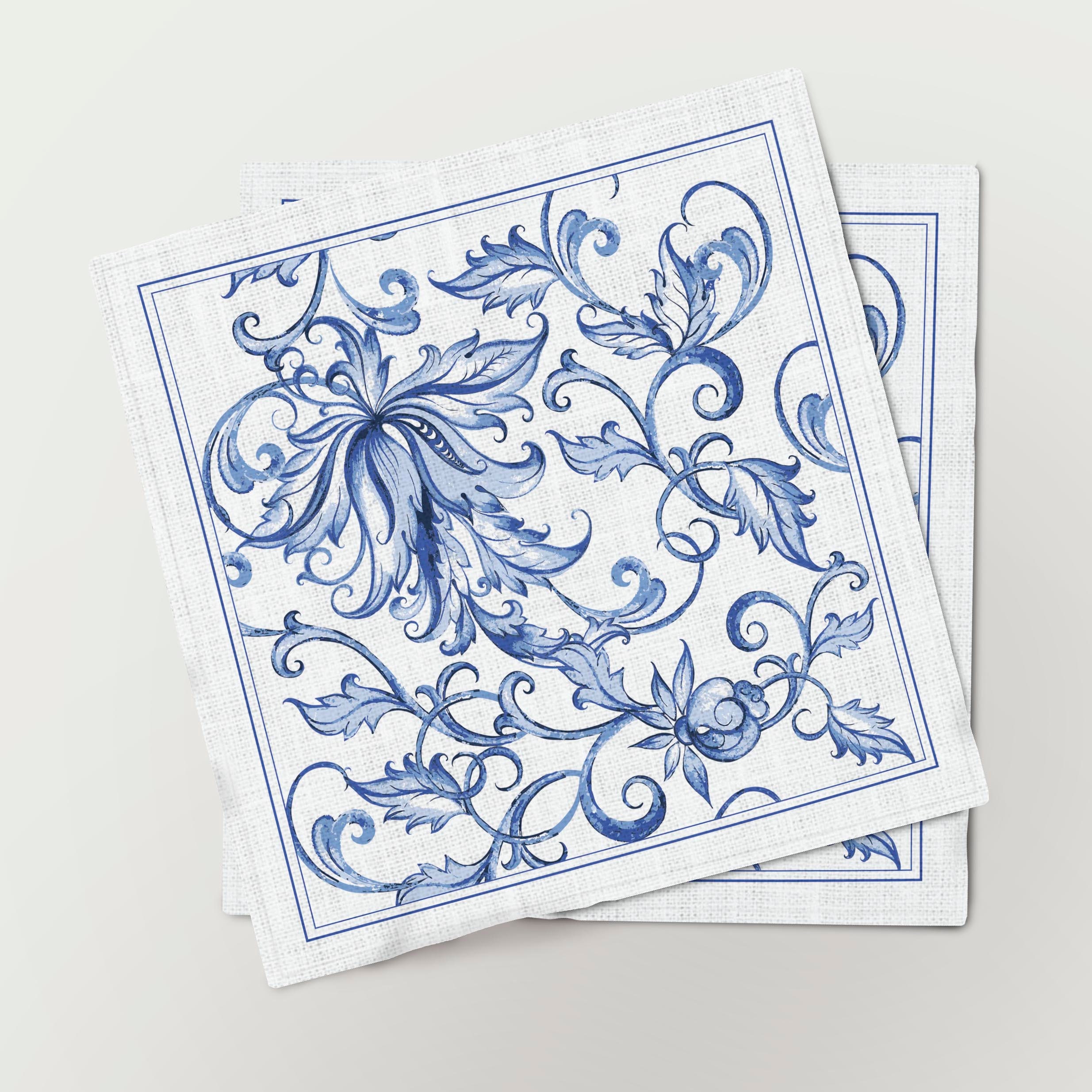 Blue + White Floral Paper Dinner Napkins Set