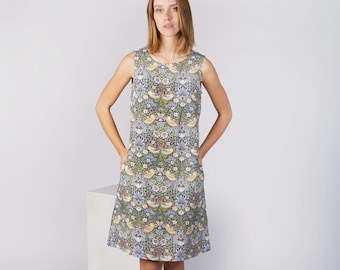Linen Dress, Strawberry Thief William Morris Print, Short Sleeve