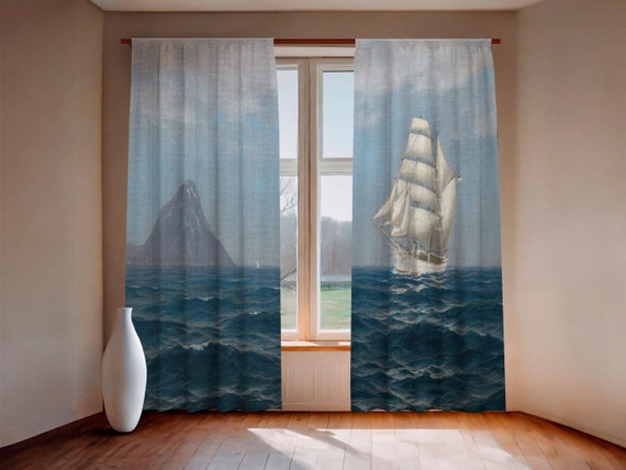 Curtains set, A Sailing Ship and a Steamboat by the Coast Max Jensen, linen curtains, rod pocket, window curtains, 100% linen