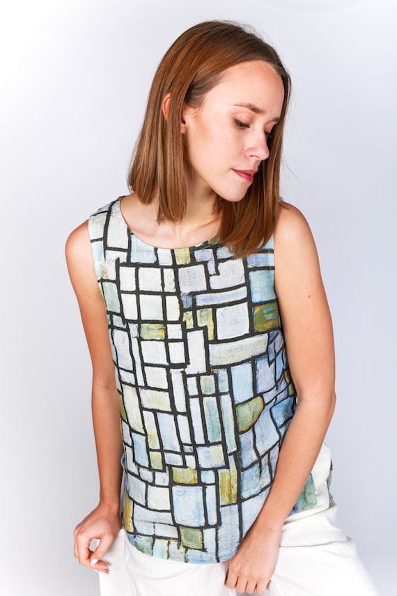 Women shirt, Piet Mondrian, Composition no. 6, linen top, linen summer blouse, eco shirt, 100% linen