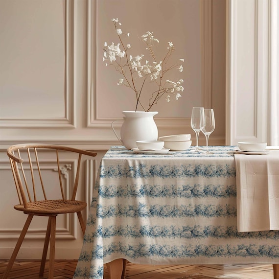 Easter Linen Tablecloth, Toile de Jouy Eggs, Handmade in Lithuania, 100% linen