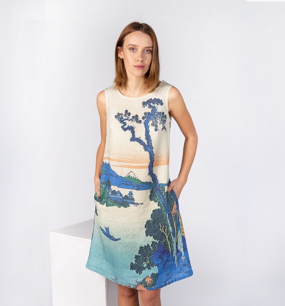 Linen Dress, Lake Suwa, Katsushika Hokusai, Japanese dress, Vintage dress, Sleeveless dress, Lightweight dress