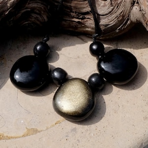 Mexican Obsidian Necklace - Black and Gold Obsidian Pebble Necklace