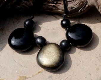 Mexican Obsidian Necklace - Black and Gold Obsidian Pebble Necklace