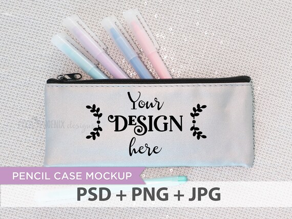 Pencil Case Mockup Pastels Zipper Bag Mockup Silver Pencil