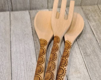 Wood Burned Utensil Set |  Salad Serving Set | Kitchen Cooking Utensils | Spoon & Fork | Pyrography |  » henna inspired design