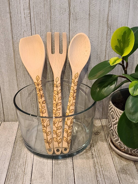 Wood Burned Utensil Set Salad Serving Set Kitchen Cooking Utensils Spoon &  Fork Pyrography Leaf Vine Design 