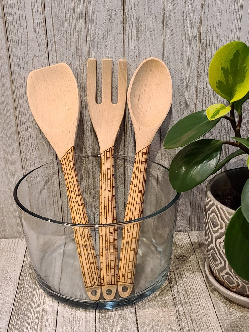 Wood Burned Utensil Set Salad Serving Set Kitchen Cooking Utensils