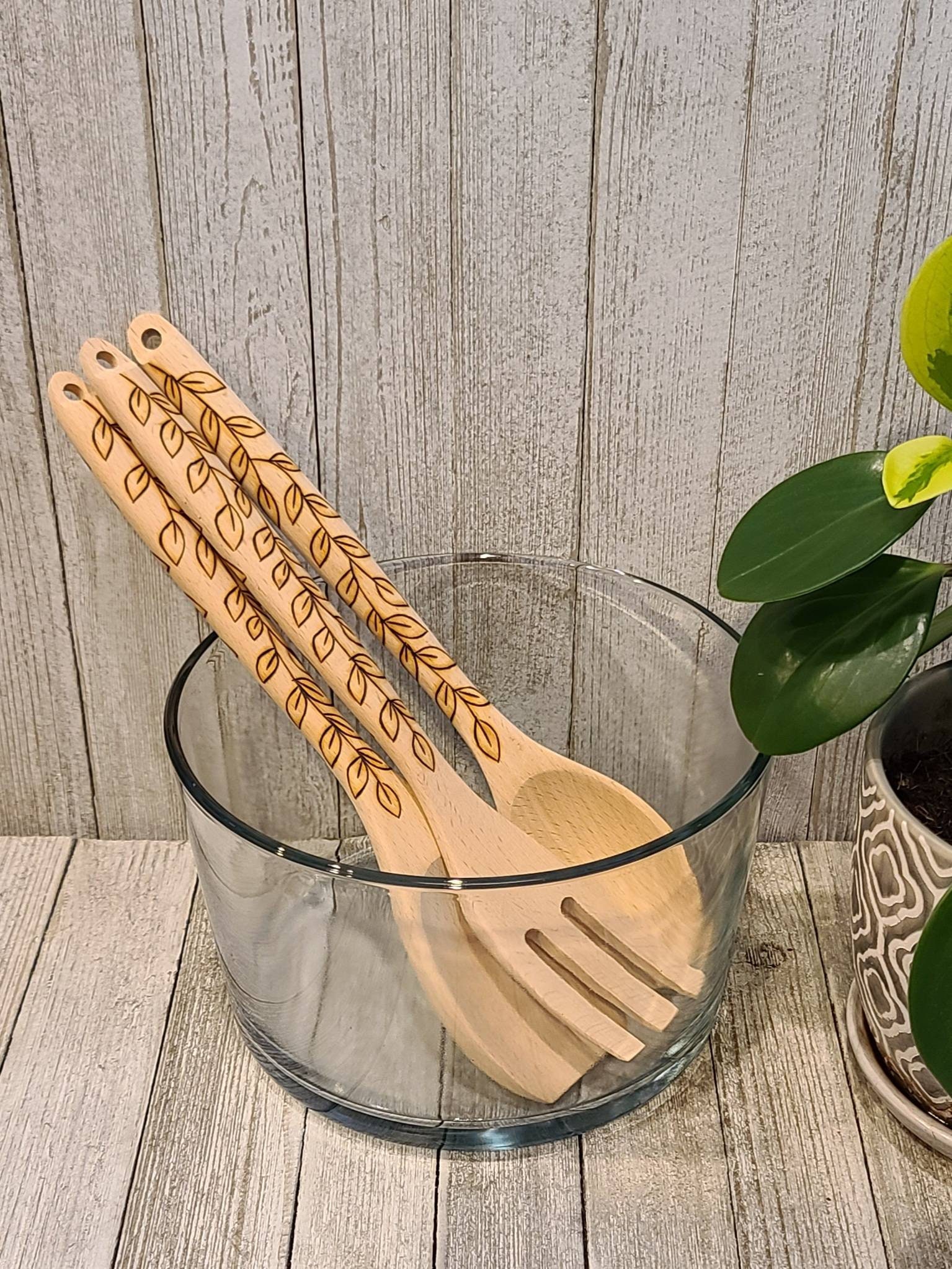 Wood Burned Utensil Set Salad Serving Set Kitchen Cooking Utensils Spoon &  Fork Pyrography Leaf Vine Design 