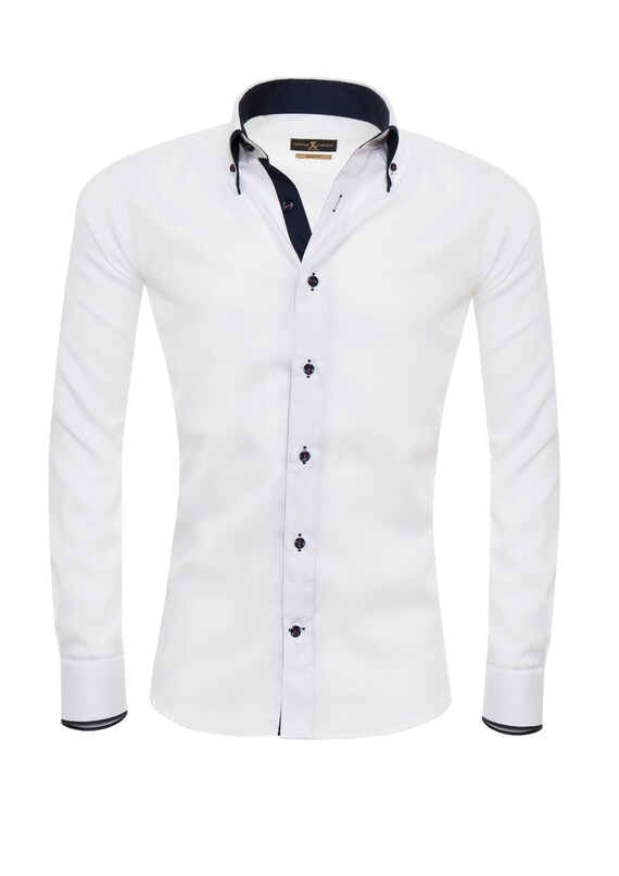 mens white shirt with black buttons