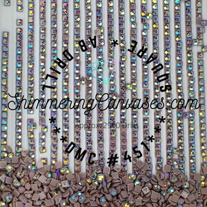 May include: A close-up of a pile of iridescent square-shaped rhinestones, with a background of rows of the same rhinestones. The text "Shimmering Canvases.com" and "Approx. 2900 Drills" is visible in the image. The text "DMC #451" is also visible in the image.