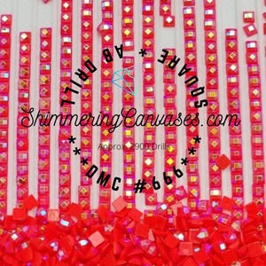 May include: Close-up of red square diamond shaped rhinestones arranged in rows. The text "Shimmering Canvases.com" is visible in the centre of the image. The text "Approx. 2900 Drills" is visible below the website name. The text "DMC #666" is visible below the drill count. The text "SQUARE" and "AB DRILL" are visible in the top right corner of the image.