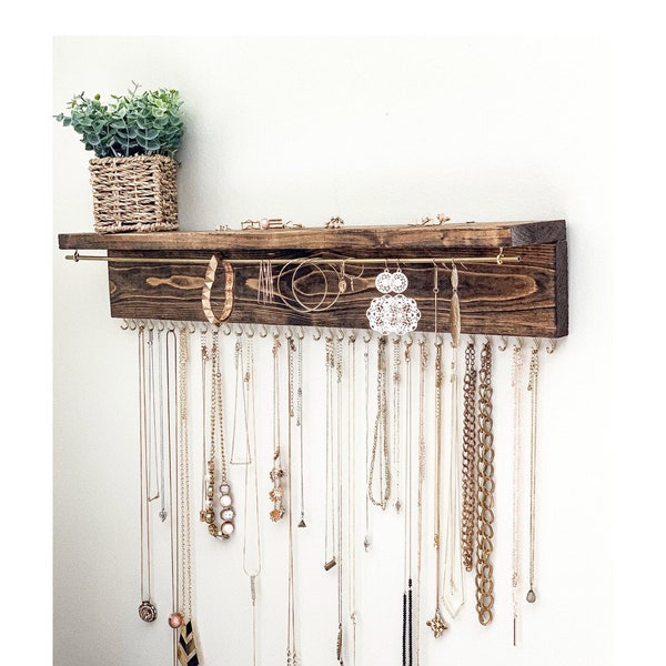 Wood Jewelry Organizer | Necklace Holder | Wall Mount Jewelry Holder | Necklace Hanger | Wood Shelf | Necklace Organizer | Earring Organizer