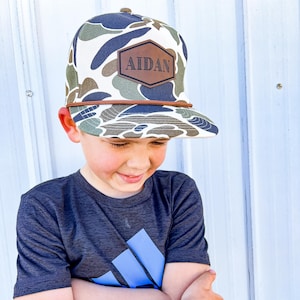 Custom Engraved Kids Name Camo Hat | Camo Hat | Kids Rope Hat | Personalized Hat | Youth Name Hat | Custom Leather Patch Hat | Camo Rope Hat