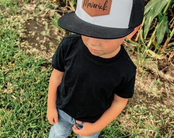 Custom Engraved Kids Name Trucker Hat | Toddler Hat | Kids Trucker Hat | Personalized Trucker Hat | Youth Name Hat |Custom Leather Patch Hat