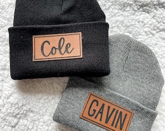 Leather Patch Baby Beanie | Leather Patch Hat | Adult Hat | Newborn Beanie | Winter Hat for Kids | Name Hat | Baby Shower Gift |Toddler Hat