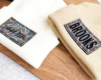 Camo Leather Patch Hat | Leather Patch Hat | Camo Kids Hat | Newborn Beanie | Winter Hat for Kids | Baby Shower Gift | Custom Beanie