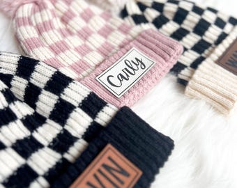 Leather Patch Checker Beanie | Leather Patch Hat | Kids Name Hat | Kids Beanie | Winter Hat for Kids | Checker Print | Baby Shower Gift |