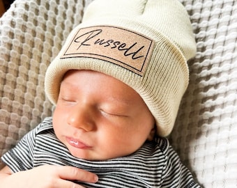Leather Patch Baby Beanie | Leather Patch Hat | Adult Hat | Newborn Beanie | Winter Hat for Kids | Name Hat | Baby Shower Gift |Toddler Hat