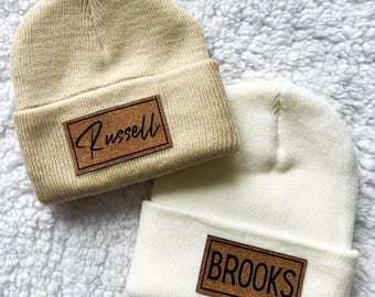 Leather Patch Baby Beanie | Leather Patch Hat | Adult Hat | Newborn Beanie | Winter Hat for Kids | Name Hat | Baby Shower Gift |Toddler Hat