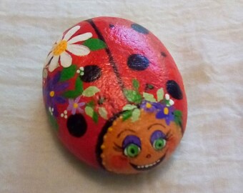 Painted Rock Lady Bug Beetle Scarab Stone Collectable Garden Insect Art Paperweight Home Decor Cute Funny Silly Laughing Bug