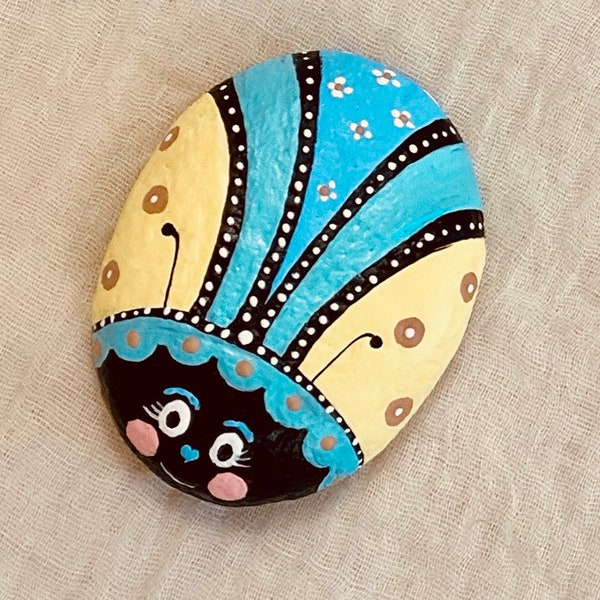 Painted Ladybug Rock, Deco Beetle Stone, Insect Art Painting, Sealed Garden Art, Psychedelic Lady Bug, Gardening Gift