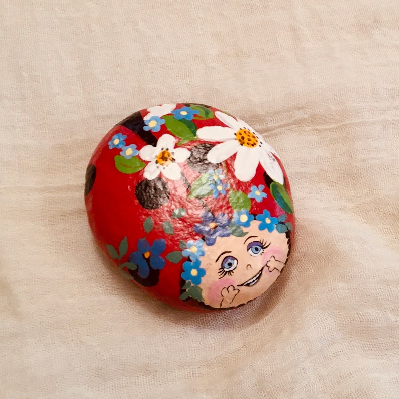 Painted Rock Lady Bug Beetle Scarab Stone Collectable Garden Insect Art Paperweight Home Decor Cute Funny Silly Laughing Bug