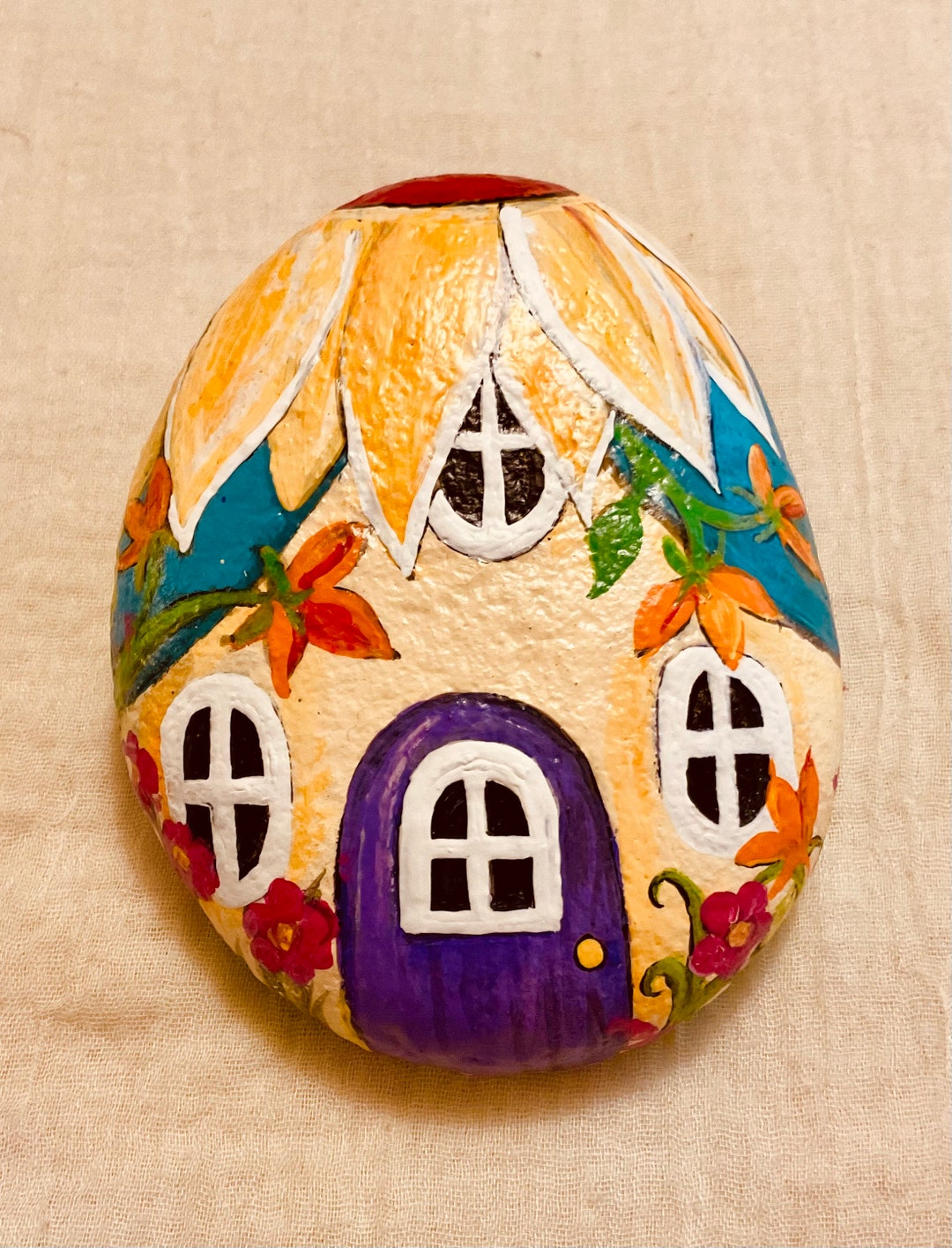 Fairy House Rock Painted Sealed Garden Art Gnome Cottage Stone Painting