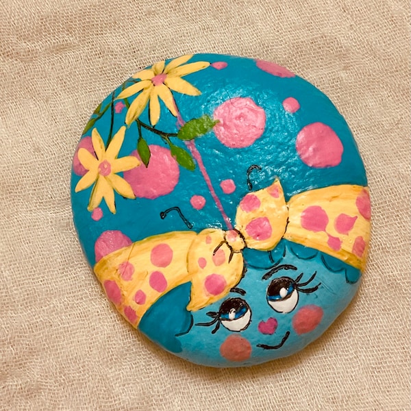 Painted Ladybug Rock, Colorful Floral Beetle Stone, Sealed Garden Art, Purple Lady Bug In Flowers, Pebble Painting