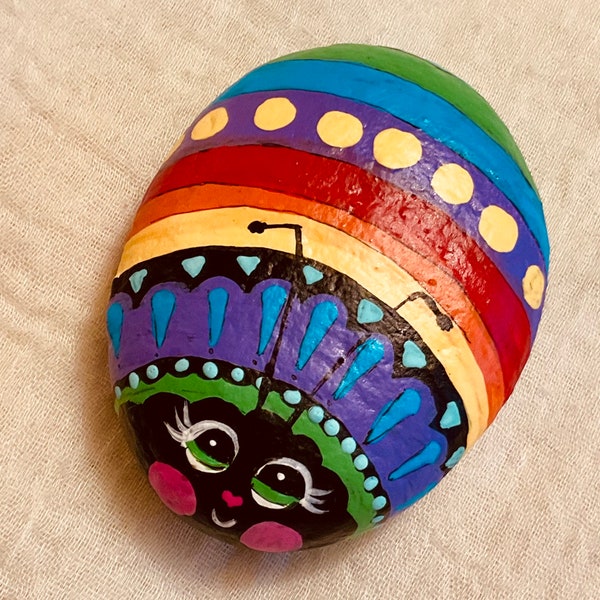 Painted Ladybug Rock, Rainbow Beetle Stone, Insect Art Painting, Sealed Garden Art, Psychedelic Lady Bug, Gardening Gift