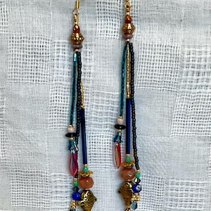 Beaded Earrings, Long Dramatic Fringe Earrings, Carnelian Drops, Metal Fish