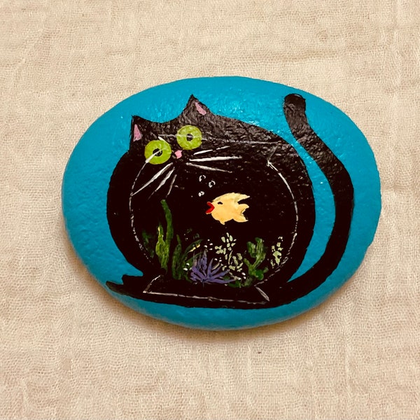 Painted Cat Rock, Black Cat and Fish, Fishbowl Fun, Sealed Garden Art, Gift For Cat Lover, Stone Art Painting