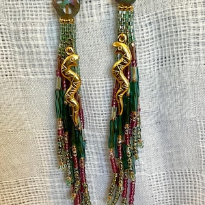 Beaded Earrings, Tube Barrel Styled, Teal Lavender Shoulder Dusters, Seed Bead Ear Jewelry