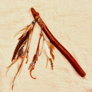 May include: A dark brown wooden flute featuring a carved animal head at the top. The instrument is decorated with colorful thread wrappings and a collection of dangling natural feathers, small beads, and thin leather cords attached near the top.
