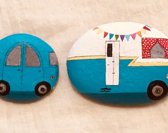 Painted Car and Camper Rocks Set, RV Camp Stone Painting, Camping Decoration, Sealed Garden Art, Gift for Road Traveler, Auto Rocks Set