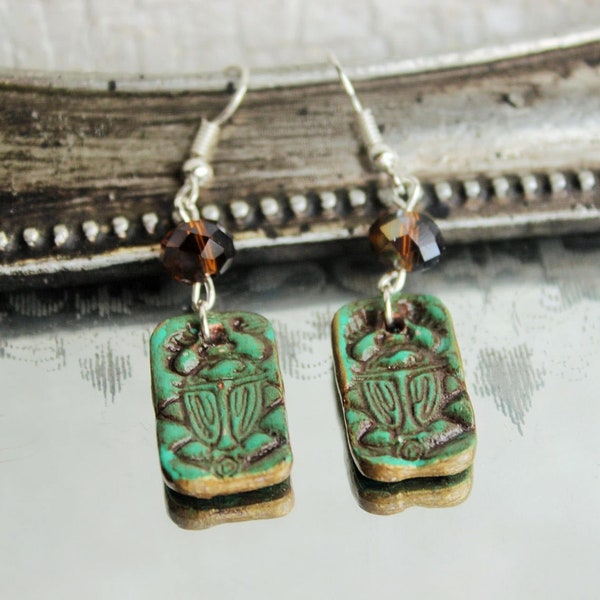 Scarab Earrings, Egyptian jewellery, Ancient style jewelry, Gold and jade, Clay Charms, Egypt, Beetles, Faux Stone, Gift for Her, God Khepri