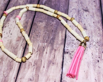 Long Tassel Necklace, Wooden Pendant, Faux Leather, Vegan Jewellery, Pink Tassel, Tassel Jewellery, Festival Style, Summer, Boho, Bohemian,