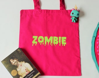 Zombie tote bag, Cotton bag, Reusable shopping bag, Eco tote bag, Pink shopper, Canvas bag, Fabric bag, Green slime, Living dead girl, Art