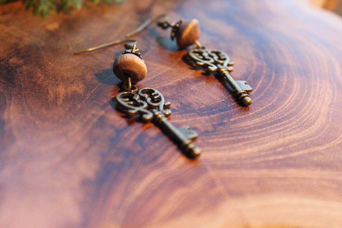 Bronze Key Earrings Wooden Accessories Key Earrings Key Etsy